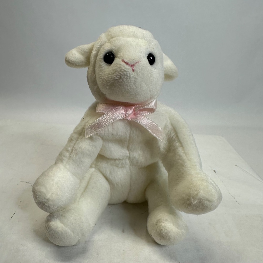 Ty Basket Beanies Lullaby the Lamb White Sheep Plush‎ Pink Ribbon 2003 5 Inch